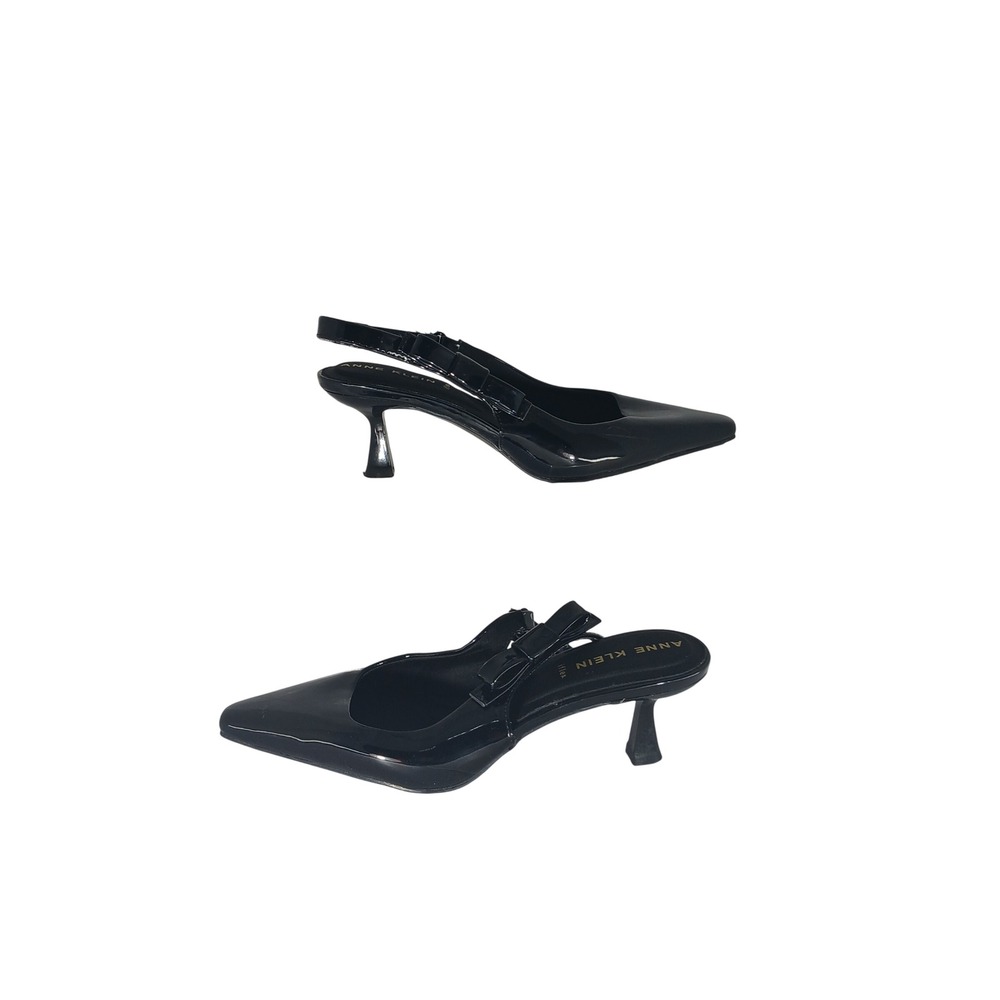 Anne Klein iFlex Slingback Heels 5.5W Black Patent Bow Kitten Heel Pump